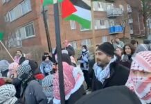 Manifestantes en protesta pro-palestina en Montreal frente a sinagoga: ¿Am Israel jai? ¡No por mucho tiempo! Cuando Israel desaparezca, la paz podrá regresar a Medio Oriente; todos celebrarán la destrucción de esta entidad malvada