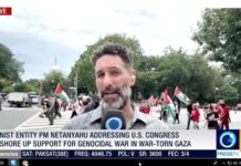 Corresponsal de la cadena estatal iraní Press TV, Ramin Mazaheri, informa en vivo desde la protesta con el lema “Arresten a Netanyahu” en Washington DC: “Muchos jóvenes abrieron los ojos con TikTok y el canal iraní Press TV”