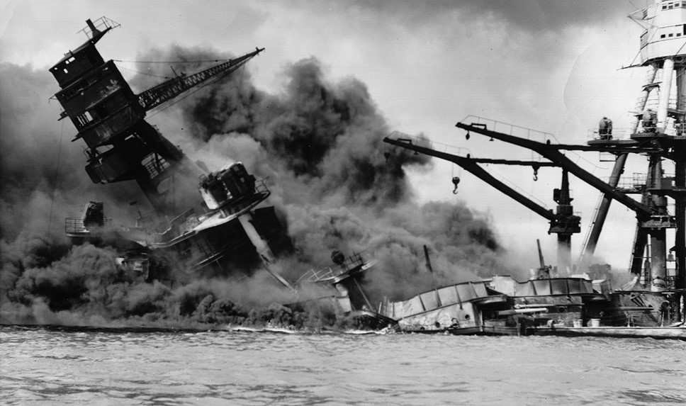A U.S. battleship sinking during the Pearl Harbor attack. (Source: National Archives, Washington, D.C.)