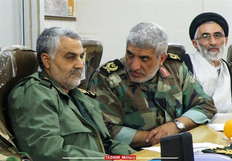 Left: Qasem Soleimani. Center: Hajj Rahimi. At the time this photo was taken, Hajj Rahimi was the commander of the Imam Ali special forces unit. Source: Tasnim News Agency (Iran), May 12, 2024.