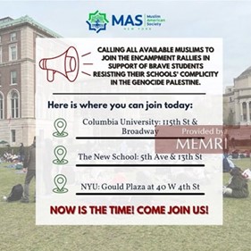 Wezwanie muzułmanów do przyłączenia się do protestów studenckich (Facebook.com/MAS.Youth.Center, 22 kwietnia 2024 r.)