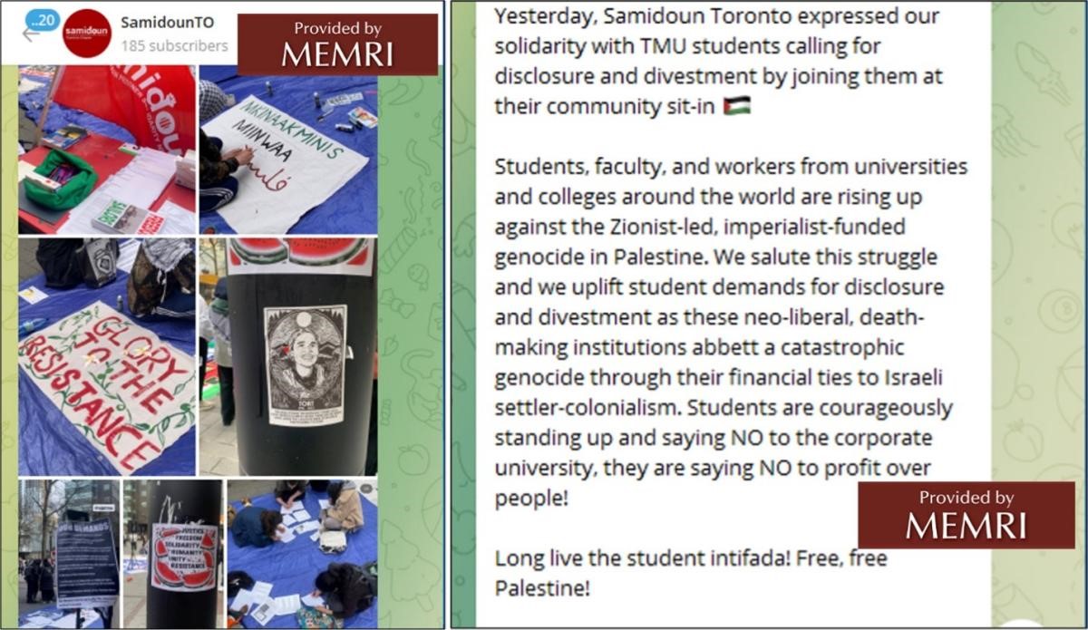 Post Samidoun Toronto na Telegramie, w którym wyraża solidarność z obozowiskiem studenckim na Toronto Metropolitan University.