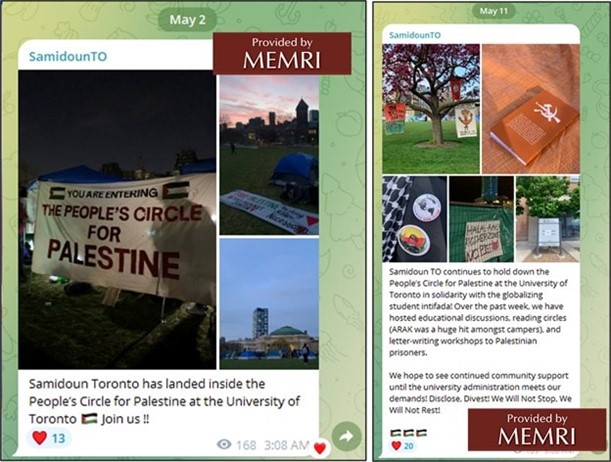 Posty Samidoun Toronto na Telegramie, w których wyraża poparcie dla obozowiska Uniwersytetu w Toronto w People's Circle for Palestine.