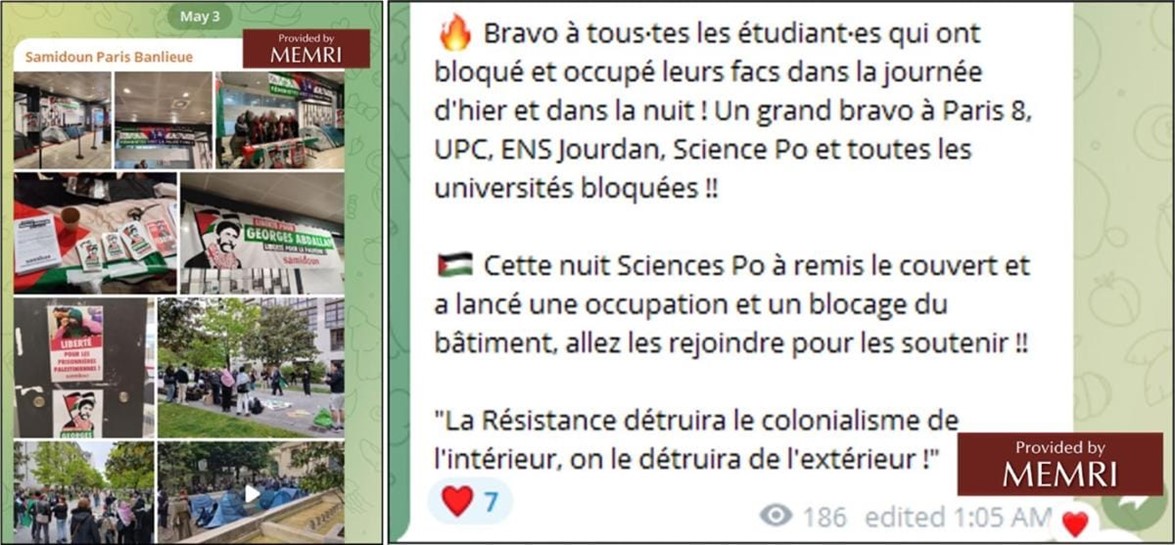 Posty Samidoun Paris Banlieue na Telegramie upamiętniające obozowiska we Francji i Hiszpanii, które miały miejsce 2 maja.